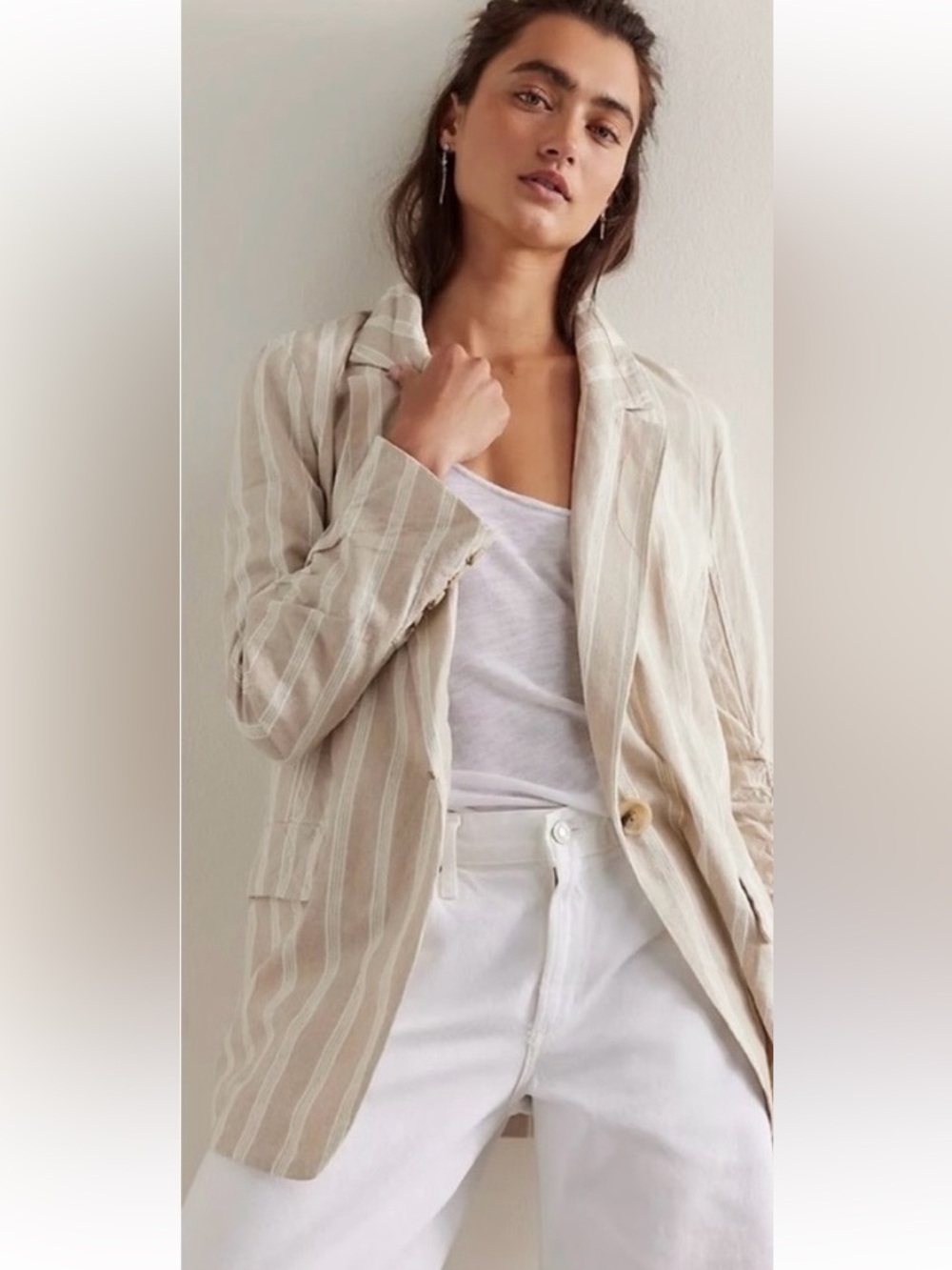 Halston Heritage Neutral Beige Striped Linen-Blend Blazer Jacket